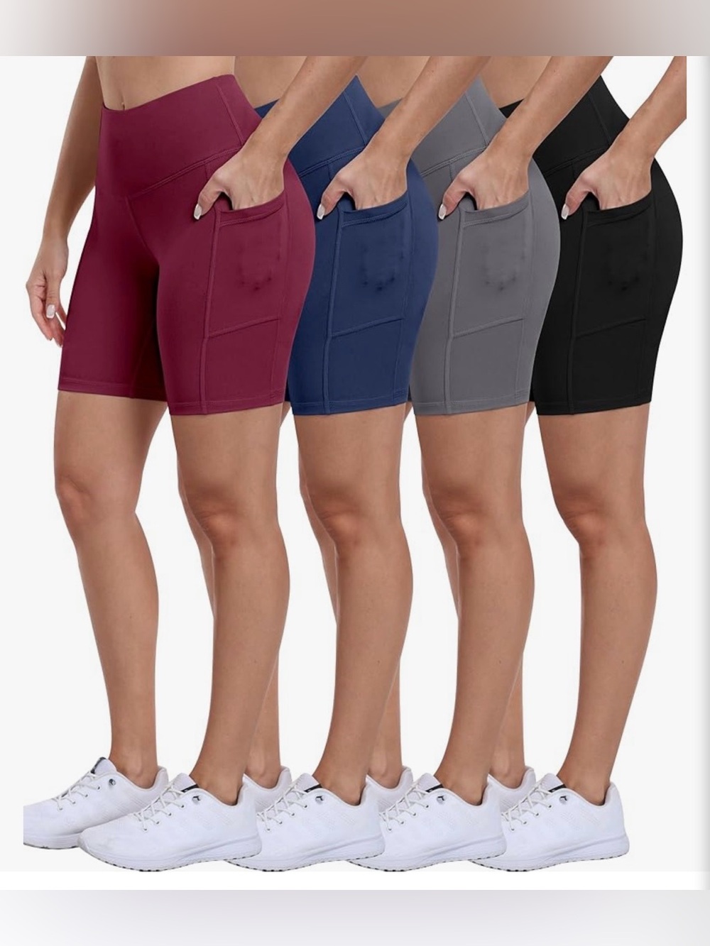 Amazon 3 Pair High-Waist Pocket Workout Bike Shorts Red, Navy, and Black Large
